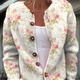 Fresh Pink Flowers and Green Leaves Print Buttoned Cardigan Sweater