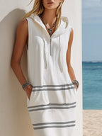 Sailing Vacation White Sleeveless Hooded Black Striped Maxi Dress
