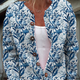 Elegant Blue And White Floral Pattern Print Buttoned Cardigan Sweater