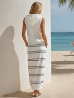 Sailing Vacation White Sleeveless Hooded Black Striped Maxi Dress