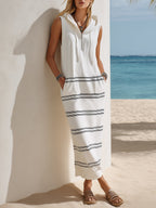Sailing Vacation White Sleeveless Hooded Black Striped Maxi Dress