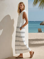Sailing Vacation White Sleeveless Hooded Black Striped Maxi Dress
