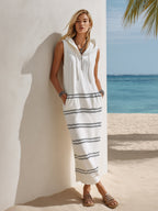 Sailing Vacation White Sleeveless Hooded Black Striped Maxi Dress